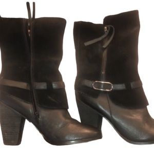 Kensie Size 10 black leather heeled boots with silver buckle stacked heel